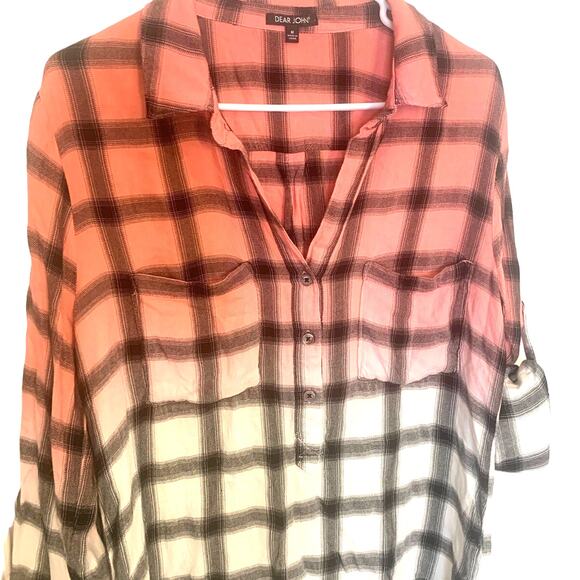 Dear John Anthropologie Boyfriend Shirt M Pink Flannel Oversized Checked Henley - Picture 4 of 8